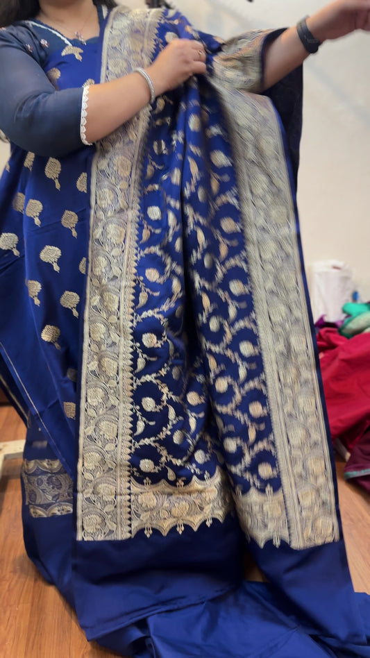 Royal Blue Pure Silk Banarasi 3-Piece Dress Material