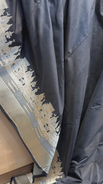 The Black Pure Silk Handloom Banarasi Saree with Kadhwa Banaras Ghats