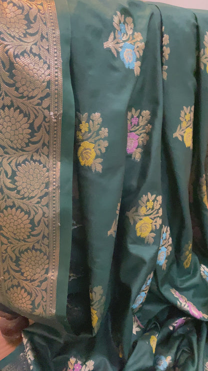 Bottle Green Pure Soft Silk Designer Banarasi Saree with Tilfi Butis