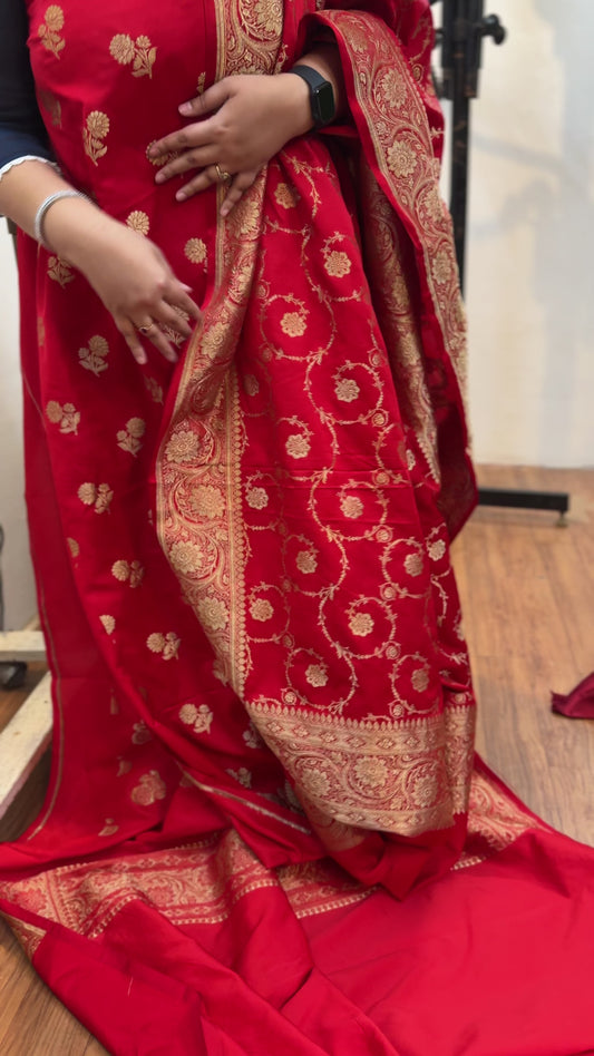 Red Pure Silk Banarasi 3-Piece Dress Material