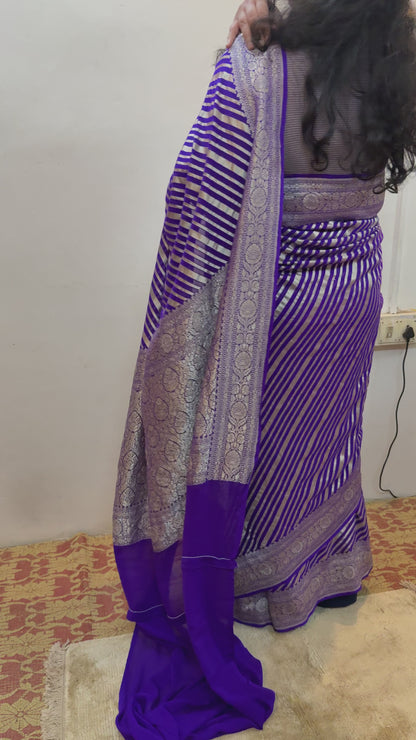 Purple Pure Khaddi Georgette Handloom Banarasi Saree with Gold Zari Stripes