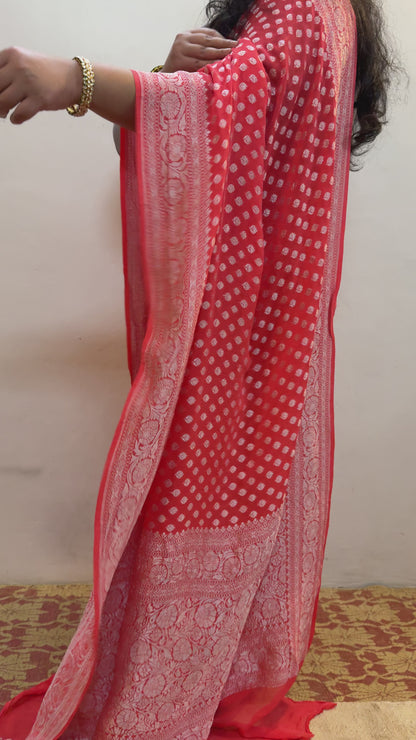 Pinkish Red Pure Khaddi Georgette Handloom Banarasi Saree with Silver Zari Handwoven Butis