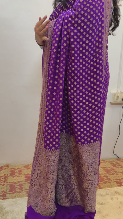 Purple Pure Khaddi Georgette Handloom Banarasi Saree with Antique Zari Butis