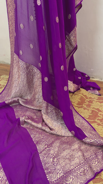 Magenta Pure Khaddi Georgette Handloom Banarasi Saree – Gold Zari