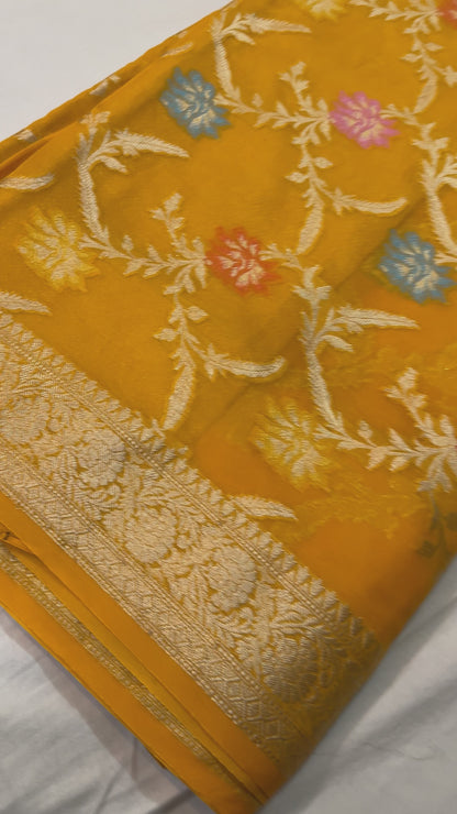 Yellow Pure Chiffon Georgette Banarasi Saree with Tilfi Jaal Work