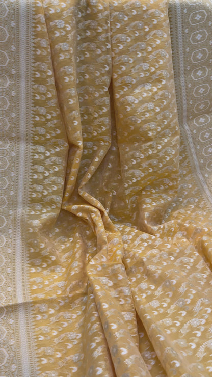 Yellow Pure Cotton Banarasi Saree with Gold & Silver Zari Weaving