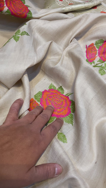 Pure Khaddi Tussar Silk Kadhwa Banarasi Saree with Minakari Floral Motifs