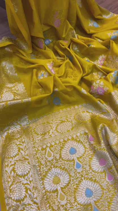 Yellow Pure Soft Silk Designer Banarasi Saree with Tilfi Butis