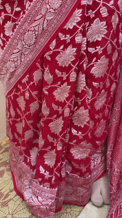 Red Pure Khaddi Georgette Handloom Banarasi Saree with Silver Water Zari Jaal Work