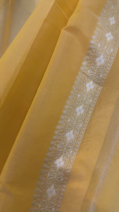 Yellow Pure Cotton Banarasi Saree with Gold & Silver Zari Weaving