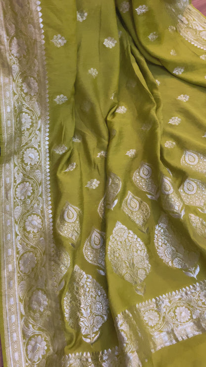 The Greenish Yellow Handloom Pure Moonga Silk Banarasi Saree