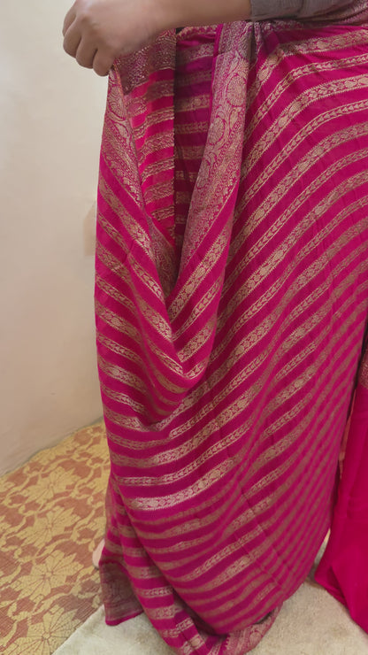 Pink Pure Khaddi Georgette Handloom Banarasi Saree with Antique Zari Stripes