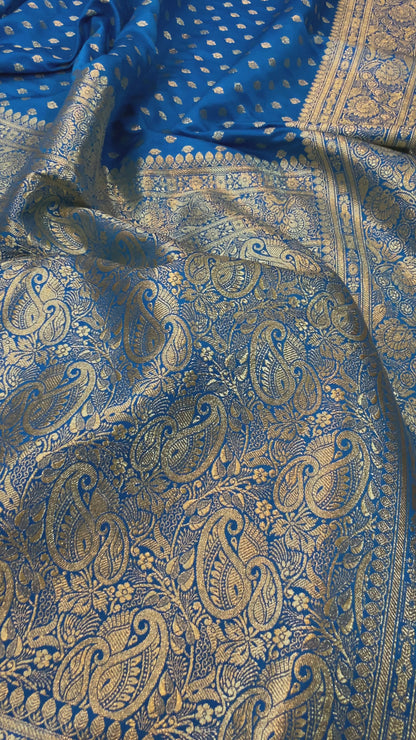 The Sky Blue Pure Satin Silk Banarasi Saree