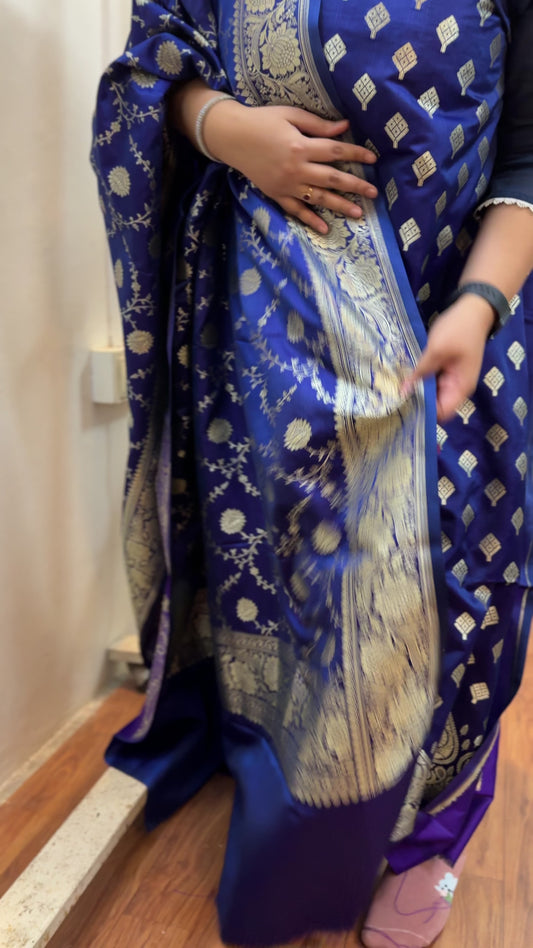 Blue Pure Silk Banarasi 3-Piece Dress Material with Handwoven Shirt and Dupatta