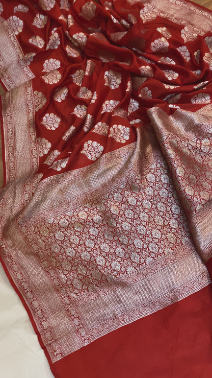 The Red Handloom Pure Moonga Silk Banarasi Saree