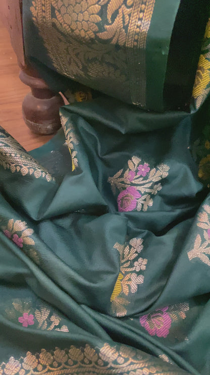 Bottle Green Pure Soft Silk Designer Banarasi Saree with Tilfi Butis