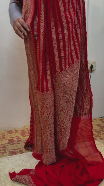 Red Pure Khaddi Georgette Handloom Banarasi Saree with Antique Zari Stripes