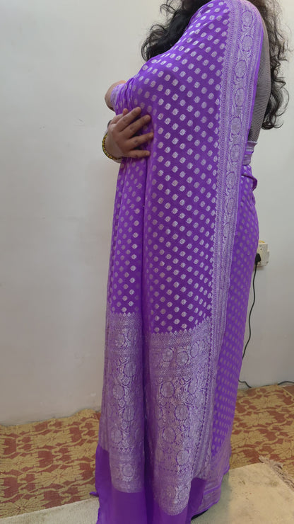 Lavender Pure Khaddi Georgette Handloom Banarasi Saree with Handwoven Silver Zari Butis