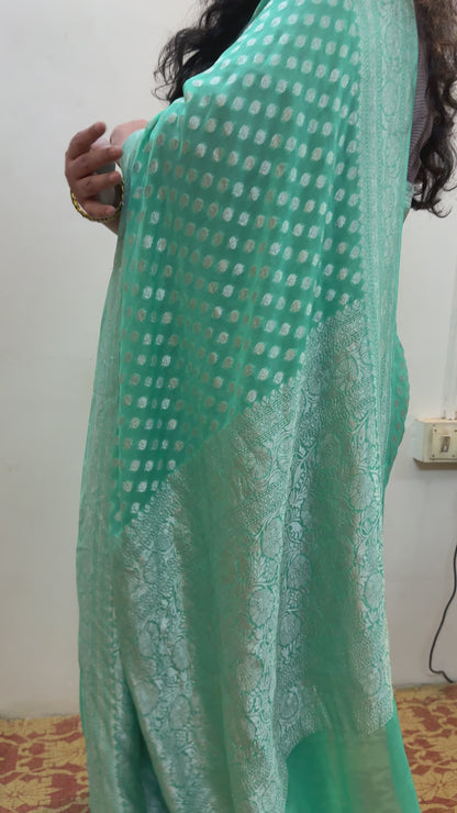 Sea Green Pure Khaddi Georgette Handloom Banarasi Saree with Silver Zari Handwoven Butis