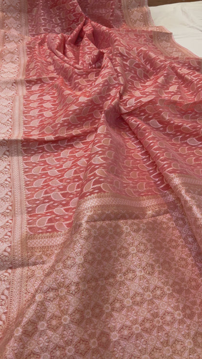 Strawberry Pink Pure Cotton Banarasi Saree with Gold & Silver Zari Weaving