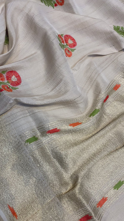 Pure Khaddi Tussar Silk Kadhwa Banarasi Saree with Minakari Motifs