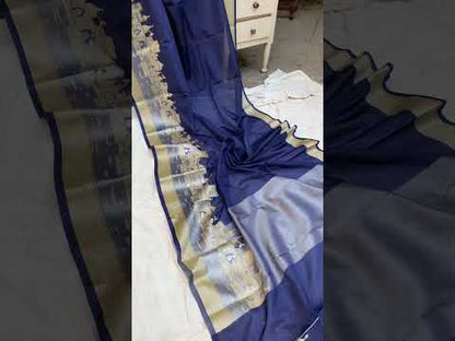 Benares Ghats Blue Pure Cotton Silk Banarasi Sari