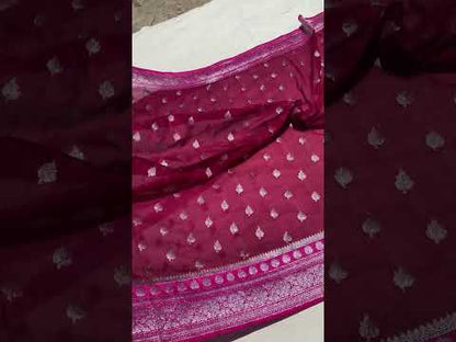 Handwoven Wine Pure Chiffon Banarasi Saree: a timeless, elegant piece. Experience comfort and versatile sophistication. Shop now, make an impression!