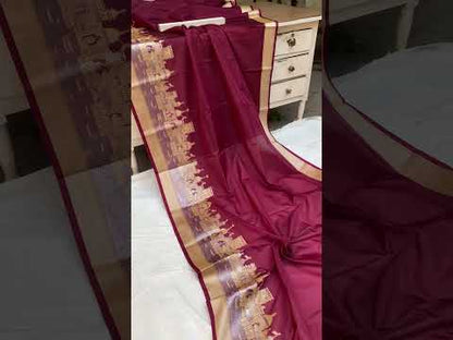 Benares Ghats Wine Pure Cotton Silk Banarasi Sari