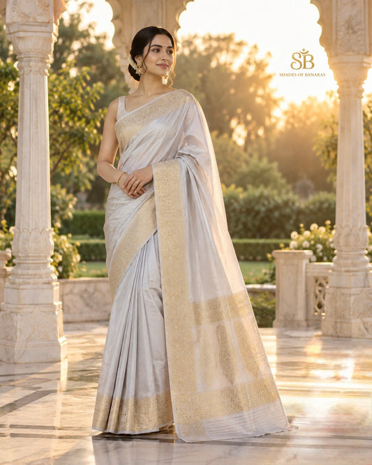 Silver grey dyeable pure Katan silk handloom Banarasi saree from Varanasi