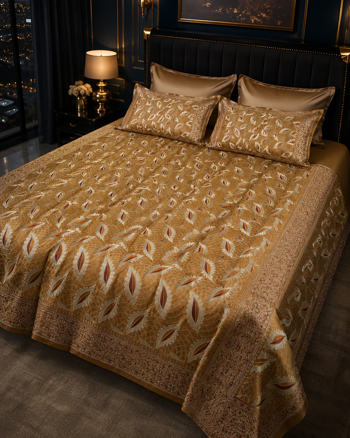 Heritage Gold pure silk handloom Banarasi bedcover from Varanasi