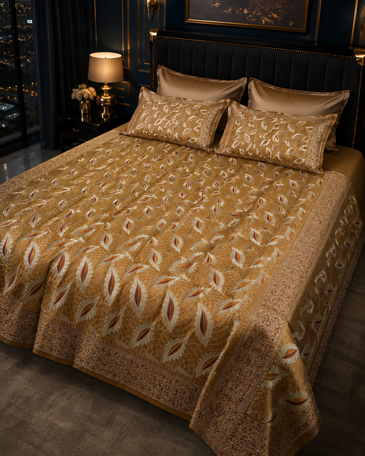 Heritage Gold pure silk handloom Banarasi bedcover from Varanasi