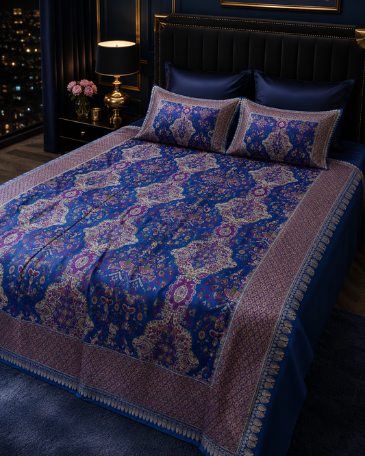 Royal Sapphire pure silk handloom Banarasi bedcover from Varanasi