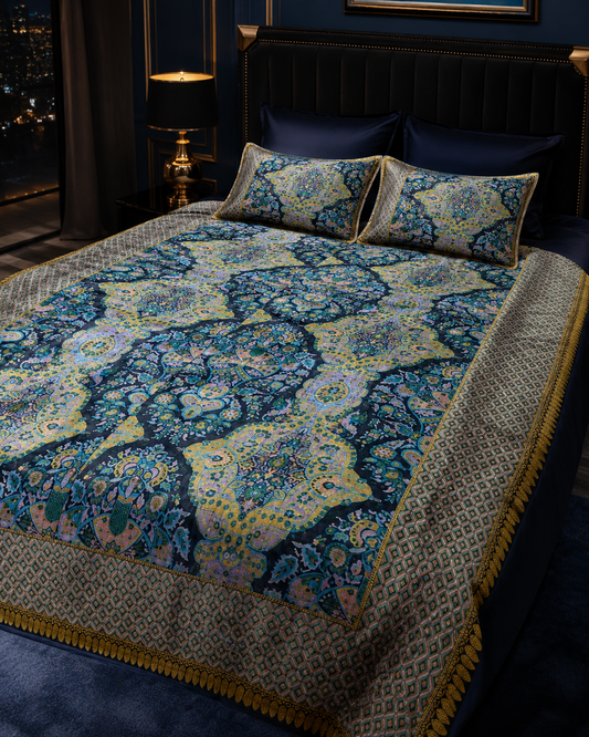 Midnight Navy & Gold pure silk handloom Banarasi bedcover from Varanasi
