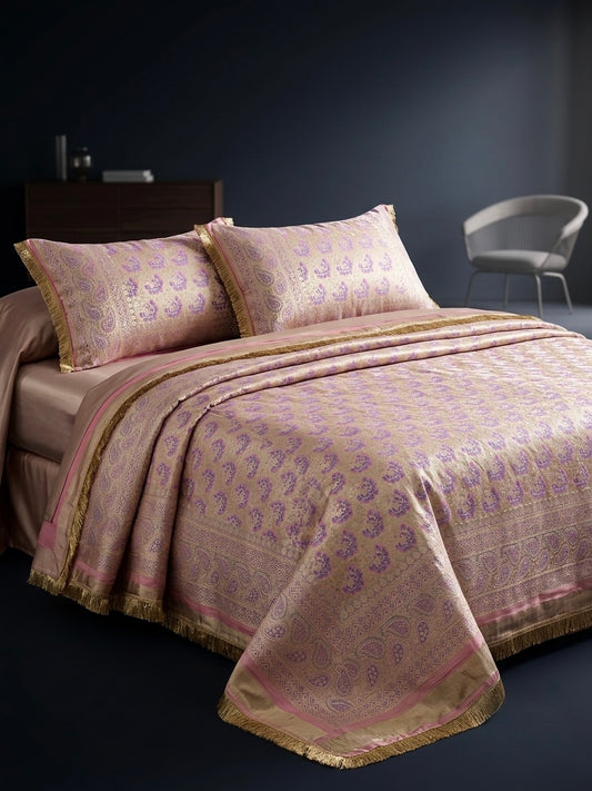 Champagne Gold with Lavender Paisley pure silk handloom Banarasi bedcover from Varanasi