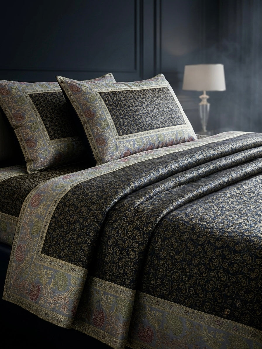 Noir Paisley Handloom Pure Dupion Silk Banarasi Bedcover
