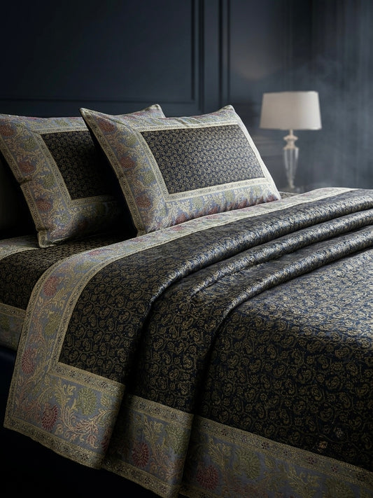 Black & Multicolour pure dupion silk handloom Banarasi bedcover from Varanasi