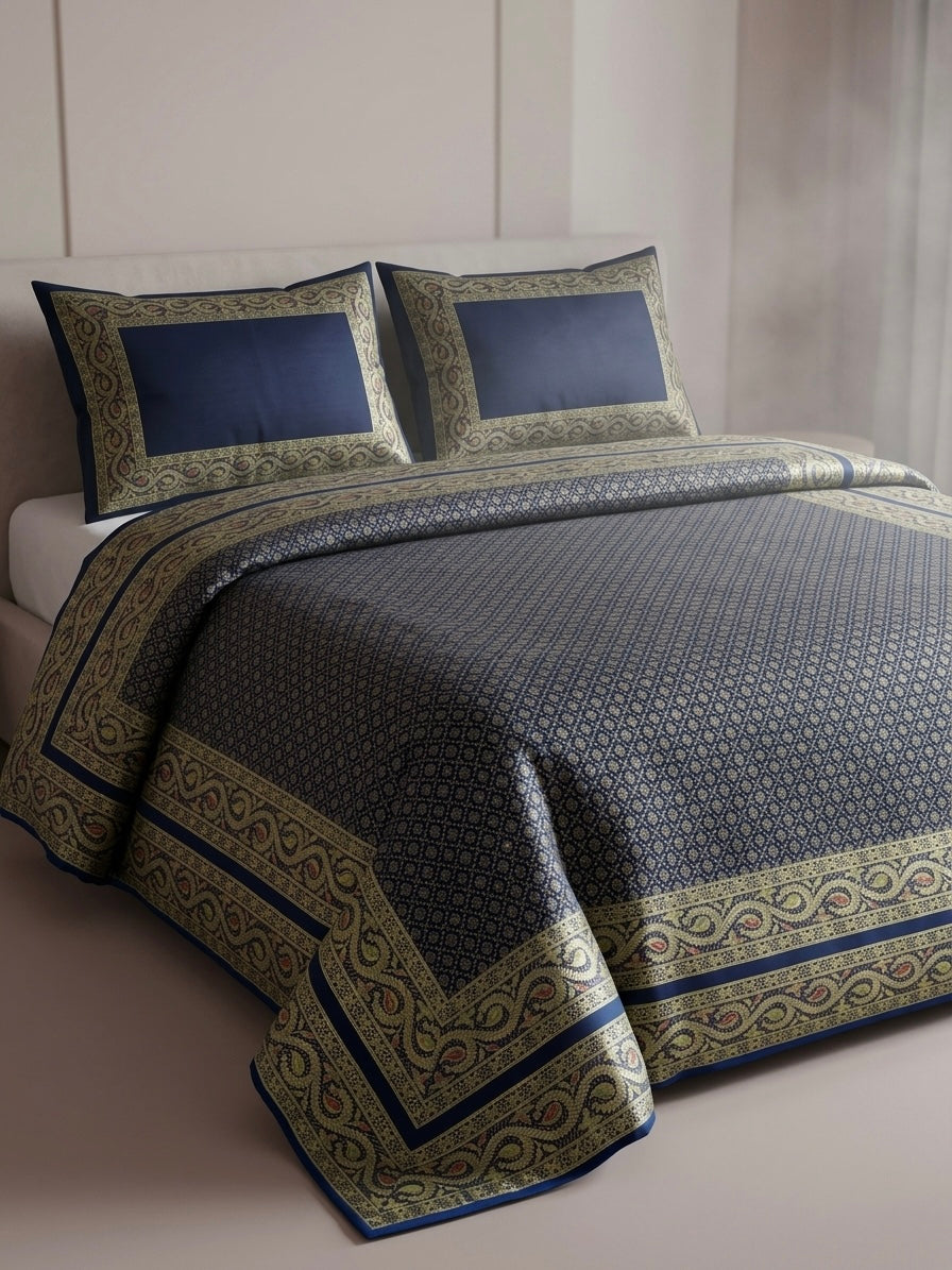 Indigo Blue pure dupion silk handloom Banarasi bedcover from Varanasi