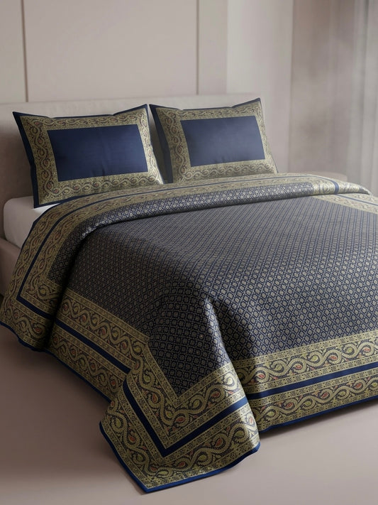 Indigo Blue pure dupion silk handloom Banarasi bedcover from Varanasi