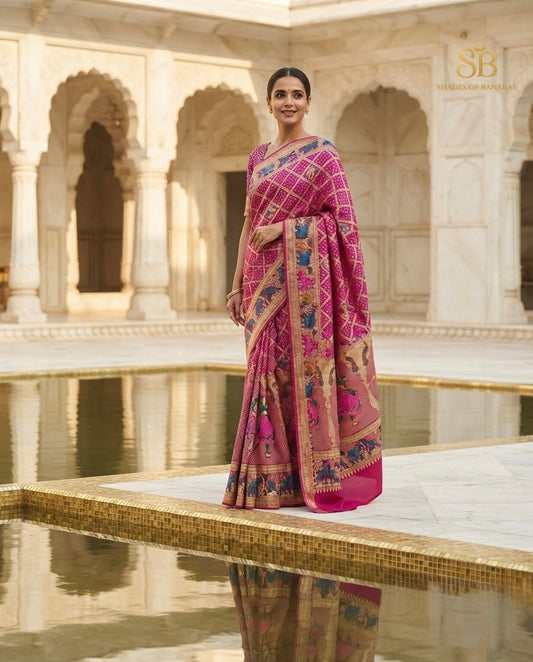 Rani Pink pure khaddi georgette handloom Banarasi saree from Varanasi