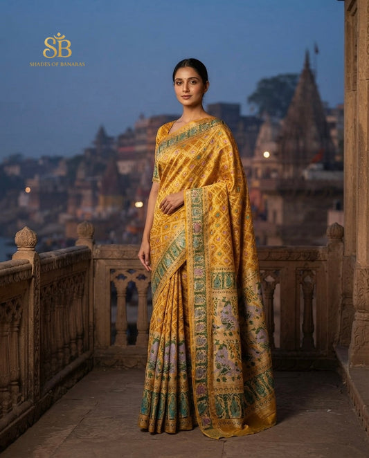 Yellow pure khaddi georgette handloom Banarasi saree from Varanasi