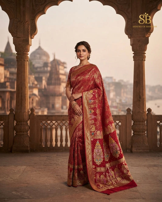 Red pure khaddi georgette handloom Banarasi saree from Varanasi