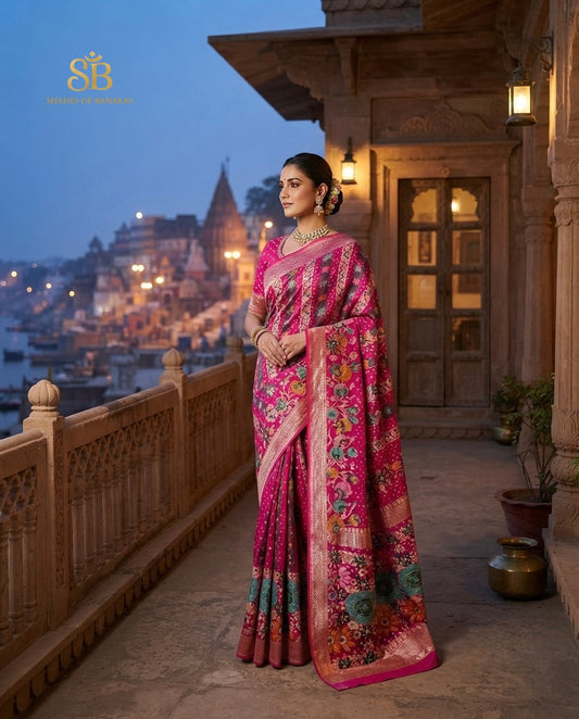 Magenta pure khaddi georgette handloom Banarasi saree from Varanasi