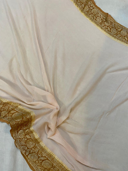 Pure Elegance: White Rangkaat Pure Khaddi Georgette Banarasi Saree by Shades Of Benares - banarasi - banarasi saree shop