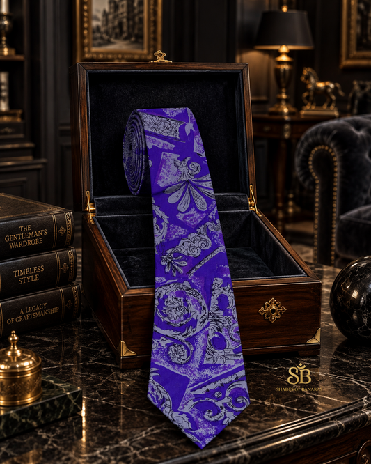 Purple pure silk Banarasi handloom necktie with hand printed baroque scroll design - Shades of Banaras