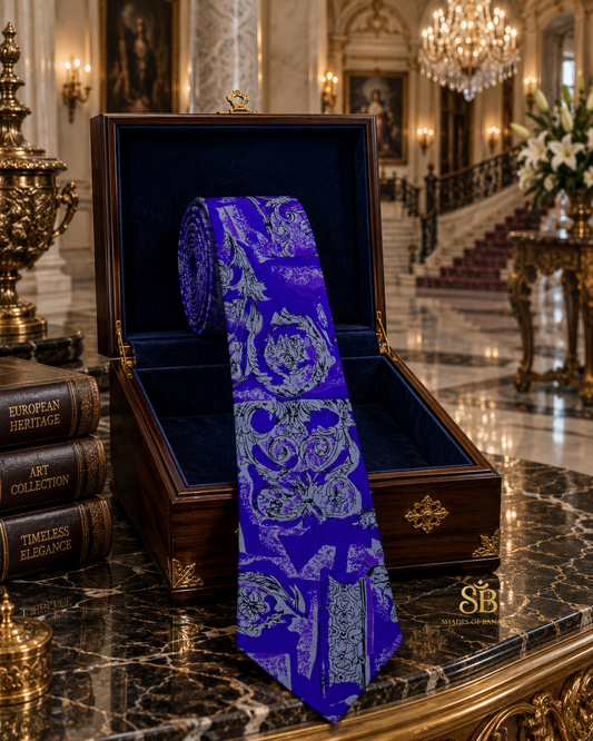 Purple pure silk Banarasi handloom necktie with hand printed baroque scroll design - Shades of Banaras
