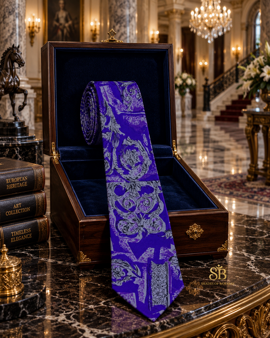 Purple pure silk Banarasi handloom necktie with hand printed baroque scroll design - Shades of Banaras