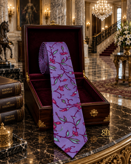 Purple pure silk Banarasi handloom necktie with hand printed floral vine design - Shades of Banaras