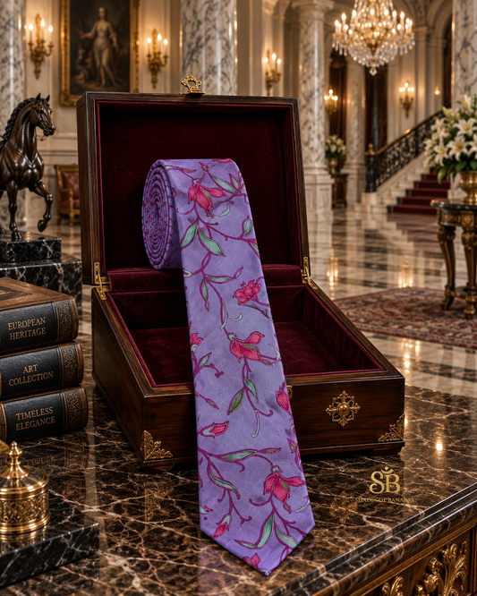 Purple pure silk Banarasi handloom necktie with hand printed floral vine design - Shades of Banaras