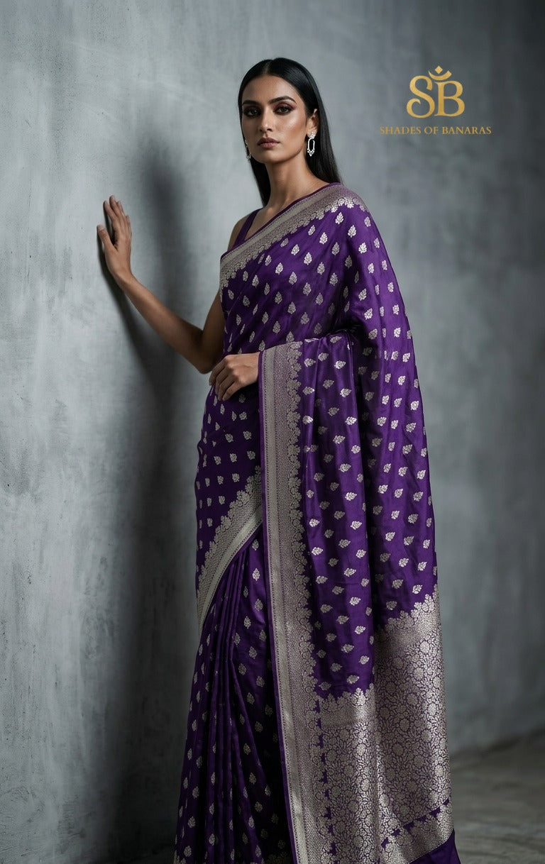 Viola Preziosa purple mango silk Banarasi saree with matt gold zari cutwork butis