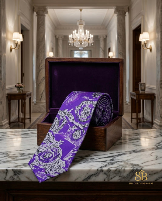 Purple pure silk Banarasi handloom necktie from Varanasi with hand printed ornamental scroll